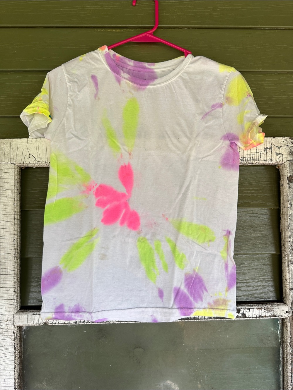 Hanes White Tie-Dye Tee with Neon Pink, Lime & Lavender Accents